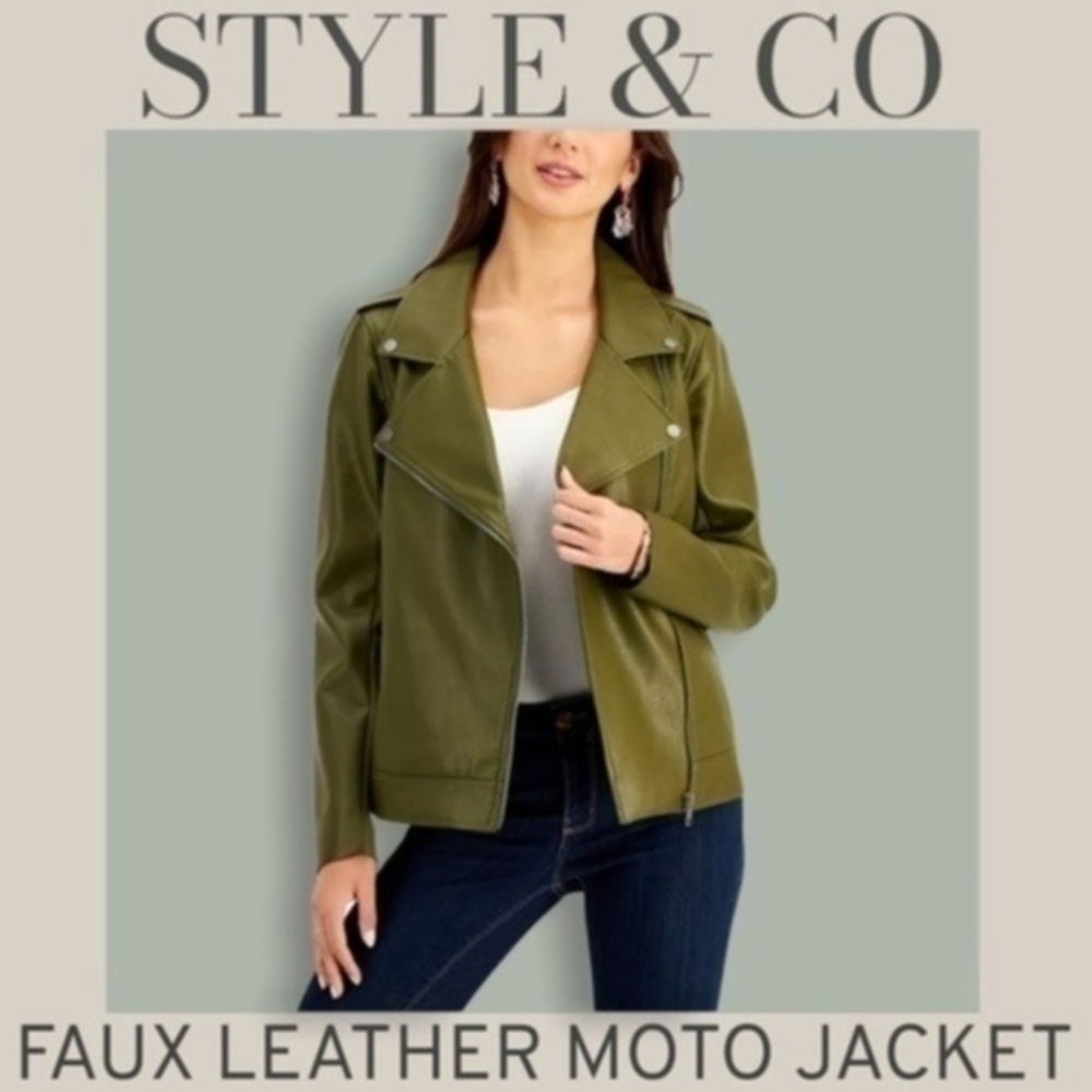 STYLE & CO Faux-Leather Hip Length Moto Style Olive/Moss Colored Jacket/LG NWT
